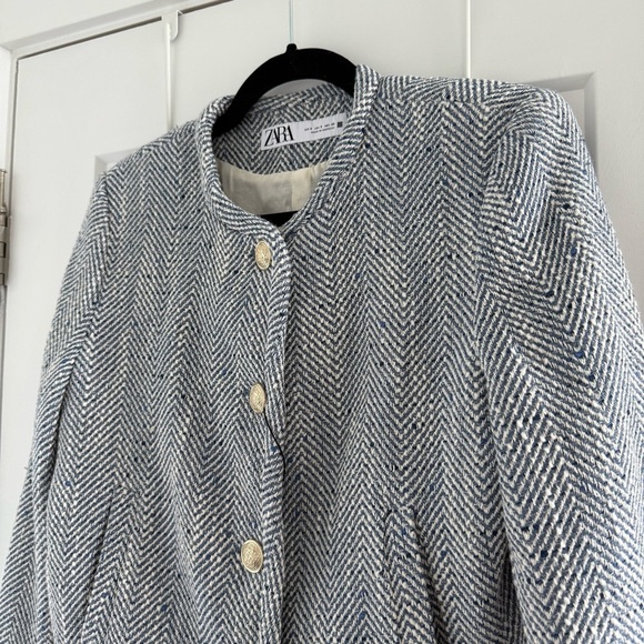Zara blue & white cotton tweed herringbone blazer jacket - size Small (S) NWT - Picture 7 of 8